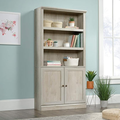 Sauder L-Desk (59.06" x 58.74" x 29.57") and Bookcase/Bookshelf (35.28" x 13.23" x 69.76") Bundle, Chalked Chestnut Finish