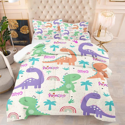 NINENINE Dinosaur Bedding Sets for Girls,Full Size Comforter Sets for Girls,Cute Dinosaur Comforter Sets,Cartoon Comforter Sets for Girls,Girls Bedding Sets with 1 Comforter 2Pillowcases