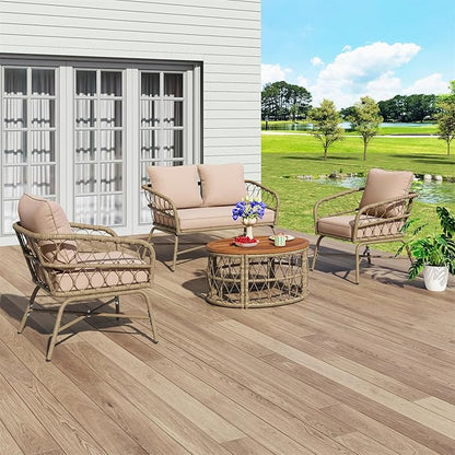 Merax Outdoor Patio Furniture Sets, Bohemia-Inspired Wicker Conversation Seating Group, with Soft Cushions and Wood Tabletop, 4 PCS, Beige