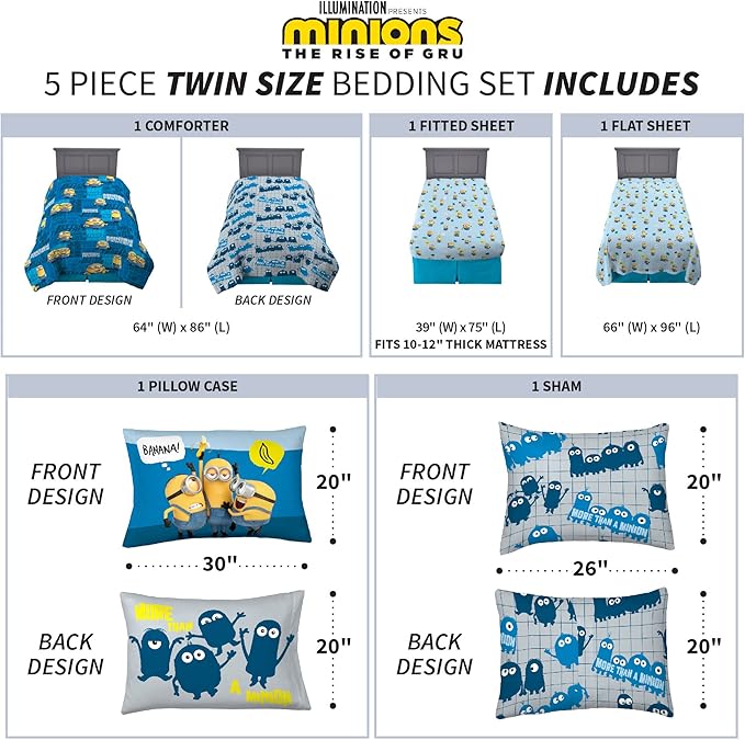 Franco Kids Bedding Super Soft Comforter and Sheet Set with Sham, 5 Piece Twin Size, Minions The Rise Of Gru