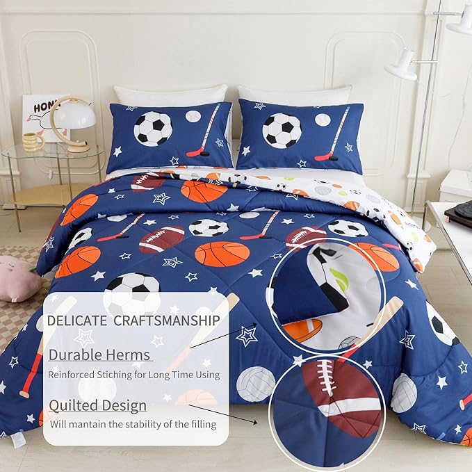 RYNGHIPY Kids Sports Theme Bedding Set, Basketball Football Baseball Tennis Print Comforter Set for Teens Boys Girls, Super Soft Lightweight (Balls,Queen)