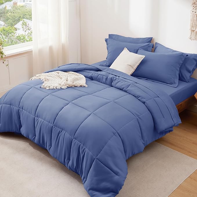 Bedsure Infinity Blue Queen Comforter Set - 7 Pieces Solid Queen Bed in a Bag, Queen Bed Set Infinity Blue with Comforters, Sheets, Pillowcases & Shams