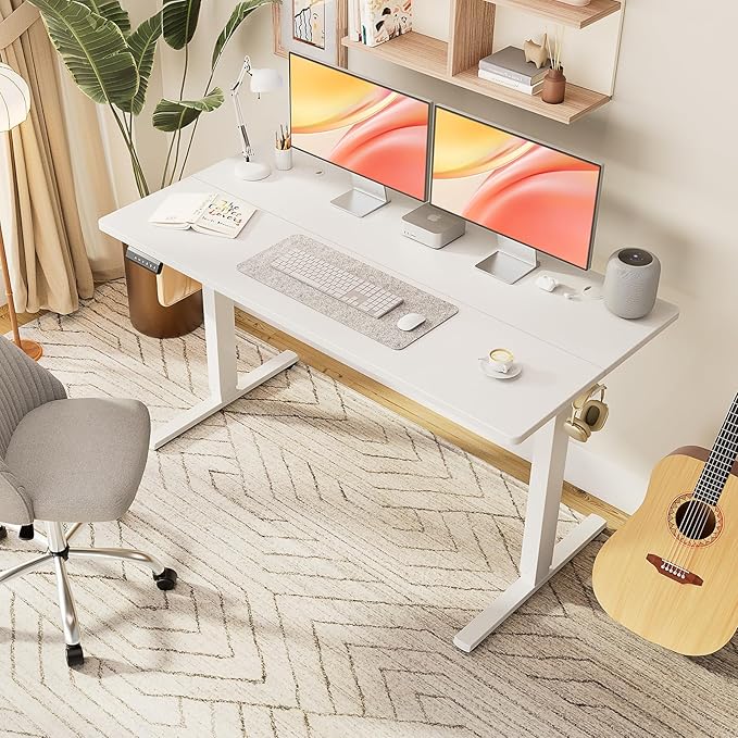 Sweetcrispy Standing Desk -55 in Electric Standing Desk, Height Adjustable Stand Up Desk for Home Office, Sit Stand Desk Stable Computer Rising Desk with Spliced Board, 2 Storage Hooks, White