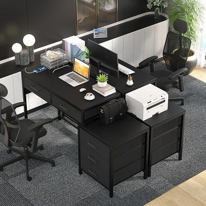 Computer Desk with 5 Drawers, Reversible Office Desk with Power Outlets and USB Charging Ports, Sturdy Writing Table with File Cabinet and Printer Stand, Laptop Desk for Small Spaces, Black