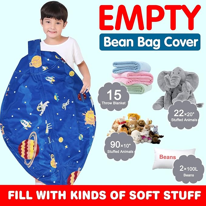 Lukeight Stuffed Animal Storage Bean Bag Chair Cover for Kids, Zipper Beanbag Chair Cover for Organizing Toddler & Kids' Rooms Plush Toys (Outer Space Velvet, X-Large)