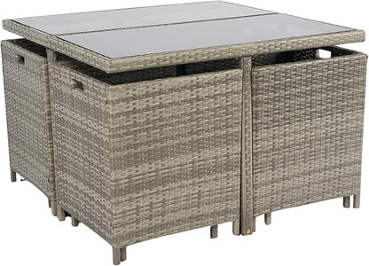 9 Pieces Patio Dining Outdoor Furniture, Space Saving Rattan Chairs with Glass Table, Cushioned Seating and Back Sectional Conversation Set, Zm-Grey