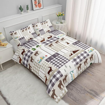 Datura home Happy Camper Comforter Set Rustic Lodge and Camper Deer Printed Quilt Bedding Set with 1 Comforter and 2 Pillowcases for Boys and Girls Bedroom All Season(Camper Queen)