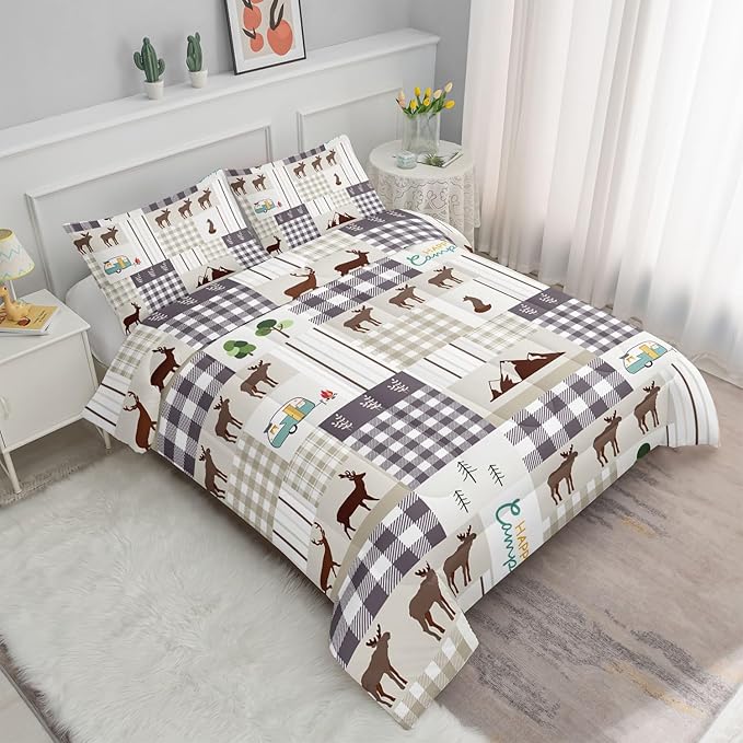 Datura home Happy Camper Comforter Set Rustic Lodge and Camper Deer Printed Quilt Bedding Set with 1 Comforter and 2 Pillowcases for Boys and Girls Bedroom All Season(Camper Full)