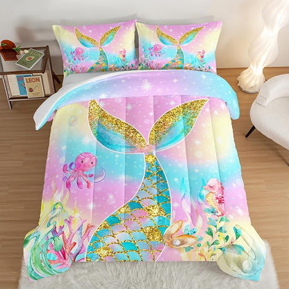 HOSIMA Mermaid Comforter with 2 Pillowcases,Girly Rainbow Bedding Set Mermaid Tail Comforter,Glitter Gold Fish Scales King Size Comforter Set,Cute Sea Animal Octopus Seahorse Comforter.