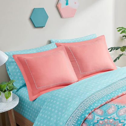Degrees of Comfort Bed in a Bag Twin XL, Boho Medallion Comforter Sets for college girls, Microfiber 6 Pieces Bedding Set with Sheet, Matching Decorative Pillow, Coral