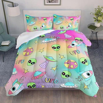 Datura home Space Alien Children Bedding Comforter Set for Girls Kids,Colorful Cartoon Outer Space Planet UFO Lovely Alien Theme Bedding Set with 1 Comforter and 2 Pillowcases(Alien3 Queen)