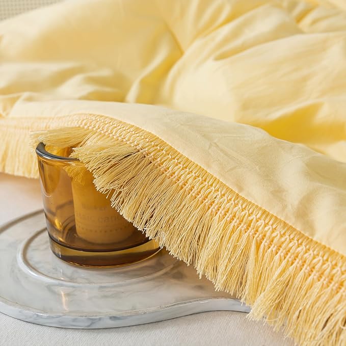 Andency Yellow Tassel Comforter Set Queen(90x90Inch), 3 Pieces(1 boho Comforter, 2 Pillowcases) Farmhouse Shabby Chic Comforter Set, Soft Microfiber Lightweight Fringe Bedding Comforter Set