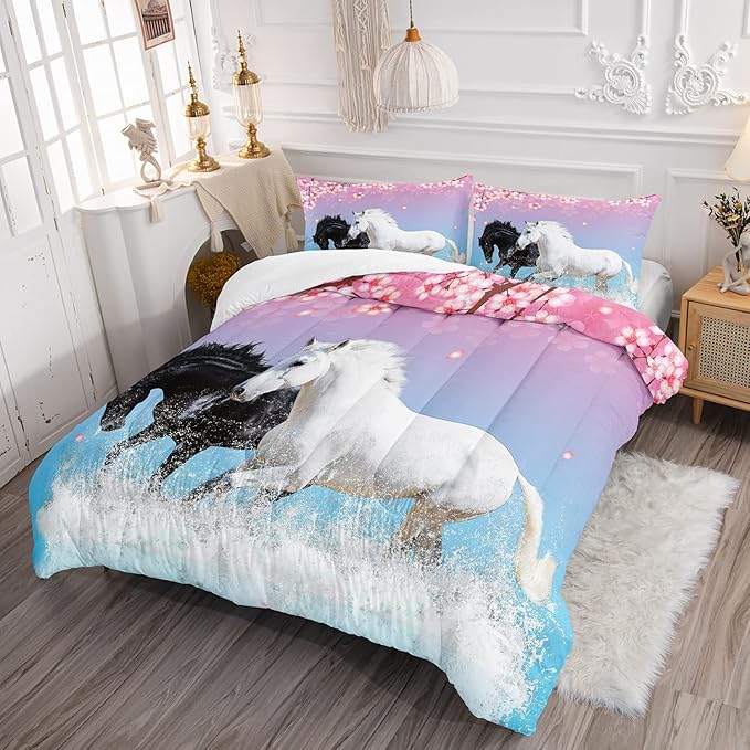 Kid Horse Comforter Set Room Floral Animal Theme Handsome Horse Chic Cherry Blossom Bedding Set 3D Wild Animal Decor Quilt Set for Girls Adult, 1 Comforter + 2 Pillowcases