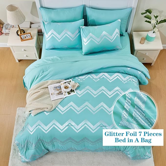 Wowelife 7 Pieces Comforter Set King Size Teal Silver Bedding Set Glitter Kids Bedding Set Blue Bed in a Bag Girls with Comforter, Flat Sheet, Fitted Sheet, 2 Pillow Shams and 2 Pillowcases