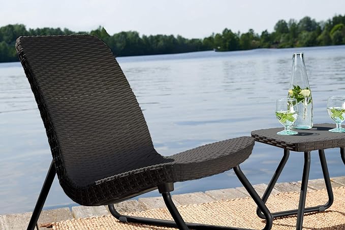 Keter Rio 3 Piece Resin Wicker Patio Furniture Set with Side Table and Outdoor Chairs, Dark Grey