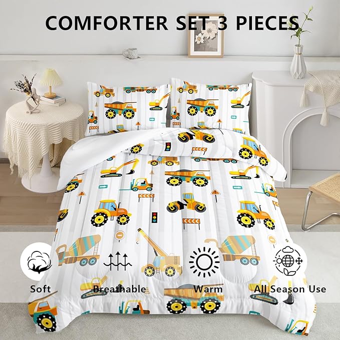 Axolotl Yellow Excavator Comforter Set Queen Size,Cartoon Excavator Bedding Set,Kids Machinery Truck Comforte Set,White Stripe Bedding Vehicle Car Decor for Kids Boys Teens,1 Quilt 2 Pillowcases