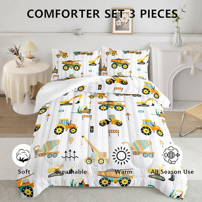 Axolotl Yellow Excavator Comforter Set Queen Size,Cartoon Excavator Bedding Set,Kids Machinery Truck Comforte Set,White Stripe Bedding Vehicle Car Decor for Kids Boys Teens,1 Quilt 2 Pillowcases