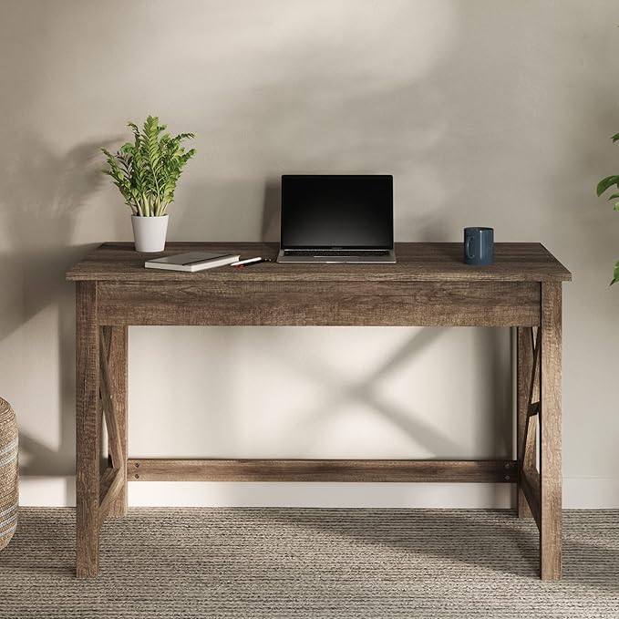 Lavish Home Writing Desk with X-Pattern Legs for Office, Bedroom, Computer, or Craft Table, 47-Inch Long, Light Tan Woodgrain