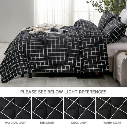 Andency Black Grid Comforter Set King Size (104x90 Inch), 3 Pieces(1 Grid Comforter and 2 Pillowcases), Summer Lightweight Microfiber Down Alternative Black Comforter with White Lines