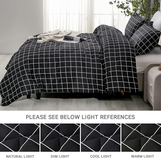 Andency Black Grid Comforter Set Full Size (79x90 Inch), 3 Pieces(1 Grid Comforter and 2 Pillowcases), Summer Lightweight Microfiber Down Alternative Black Comforter with White Lines
