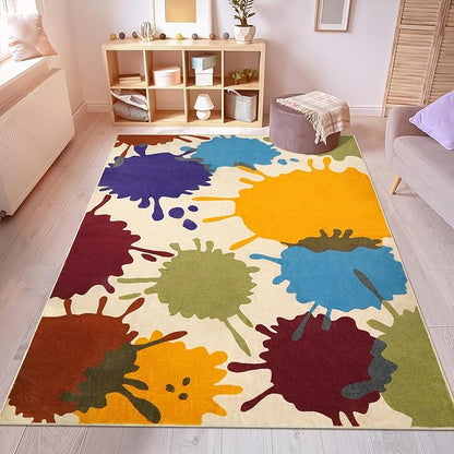 Large Area Rug for Living Room, 8'x10' Rainbow Kids Rug for Classroom, Colorful Art Washable Rug for Bedroom, Non-Slip Ink Splotch Nursery Rug Soft Modern Living Room Carpet for Dorm School