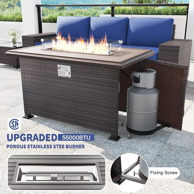 Kullavik 11PCS Outdoor Patio Furniture Set,PE Wicker Rattan Sectional Sofa Patio Conversation Sets with 43" 55000BTU Gas Propane Fire Pit Table,Swivel Rocking Chairs Set,Navy Blue