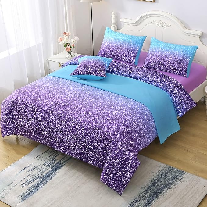JQinHome Queen Blue Purple Comforter Set, 6 Piece Bed in A Bag 3D Colorful Ombre Bedding Set for Girls Women (1 Comforter,2 Pillowcases,1 Flat Sheet,1 Fitted Sheet,1 Cushion Cover)(Blue Purple)