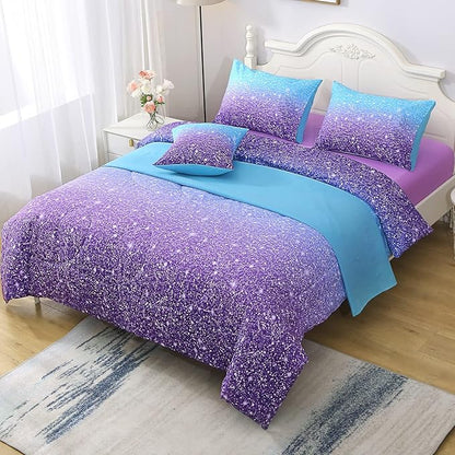 JQinHome Queen Blue Purple Comforter Set, 6 Piece Bed in A Bag 3D Colorful Ombre Bedding Set for Girls Women (1 Comforter,2 Pillowcases,1 Flat Sheet,1 Fitted Sheet,1 Cushion Cover)(Blue Purple)