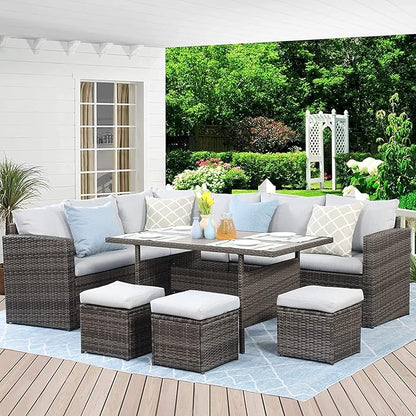 7-Pieces Furniture, PE Wicker Rattan Sets with Dining Ottomans, Patio Table and Chairs, Outdoor Sectional Sofa, Ec-Grey