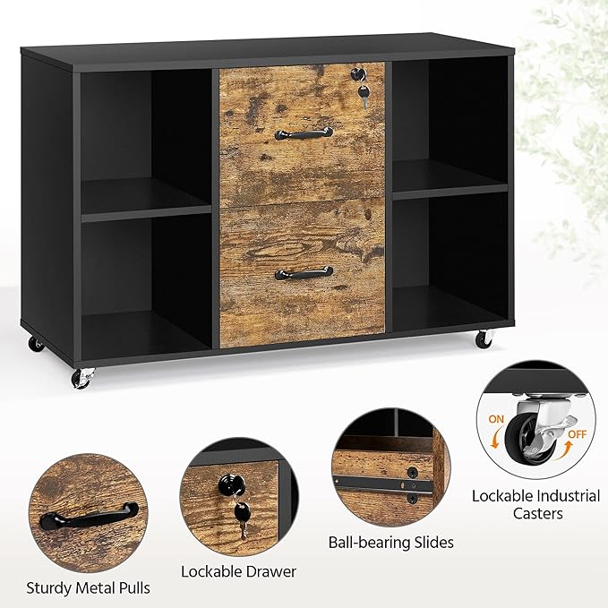 Yaheetech Filing Cabinet Lateral File Cabinet with 2 Drawer and 4 Open Compartments for Letter Size A4 Size, Printer Stand for Home Office, Black/Rustic Brown