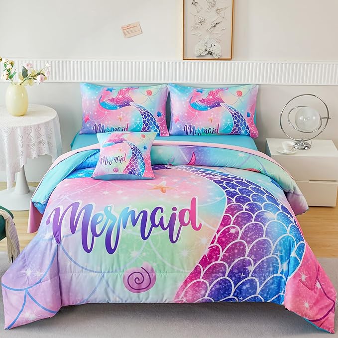 RYNGHIPY Mermaid Queen Girls Bedding Set, Colorful Rainbow Kids Girls Comforter Set with Sheets Soft and Lightweight, 6 Pieces Teen Girls Bed in a Bag
