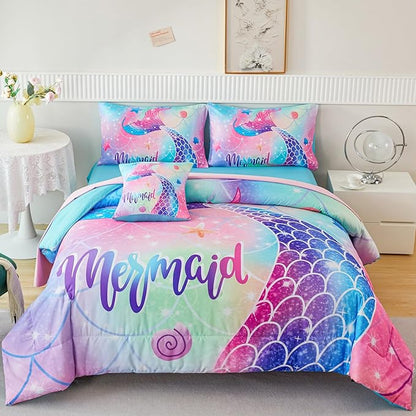RYNGHIPY Mermaid Queen Girls Bedding Set, Colorful Rainbow Kids Girls Comforter Set with Sheets Soft and Lightweight, 6 Pieces Teen Girls Bed in a Bag