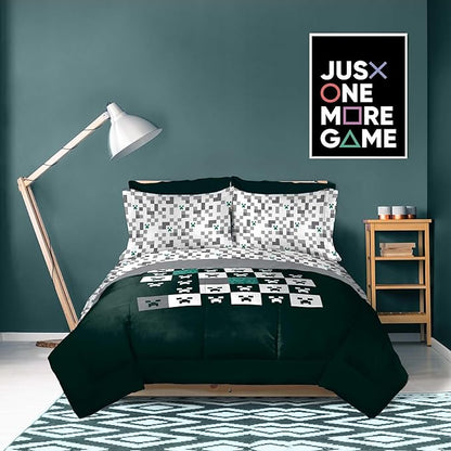 Minecraft Creeper Full Comforter Set - 7 Piece Gamer Bedding includes Sheet Set & Pillow Covers - Super Soft Checkered Kids Bedding