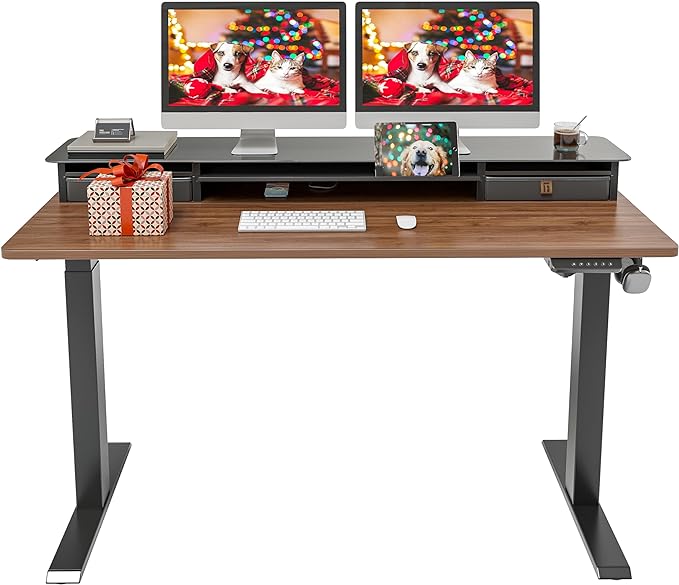 FEZIBO 55 x 24 Inch Height Adjustable Glass Electric Standing Desk with Double Drawer, Stand Up Desk with Storage Shelf, Sit Stand Desk, Black Walnut
