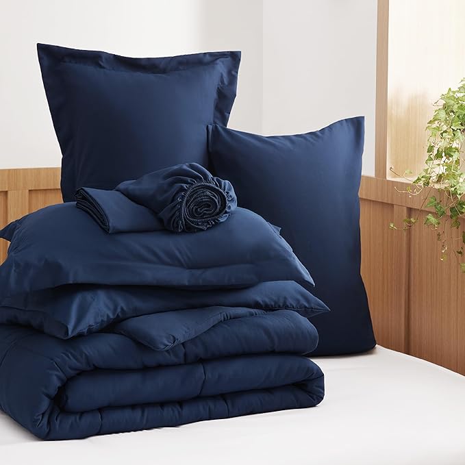 Bedsure Navy Twin XL Comforter Set - 5 Pieces Solid Twin XL Bed in a Bag for College, Twin XL Bed Set with Comforters, Sheets, Pillowcase & Sham, Extra Long Twin Comforter Set
