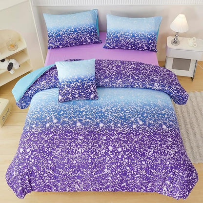 PERFEMET 6Pcs Full Size Comforter Sets for Girls Blue Purple Ombre Rainbow Kids Bedding Set Colorful Tie Dye Glitter Teen Girls Bedroom Decor Bed in A Bag