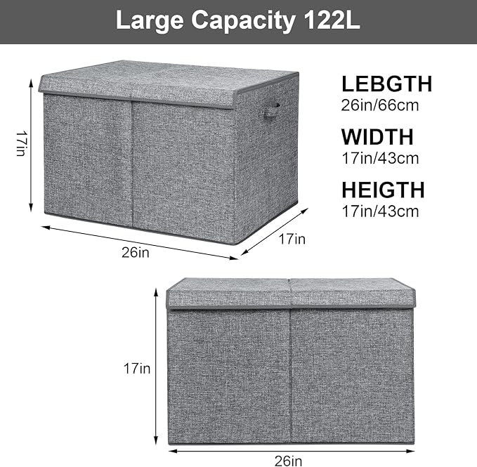 popoly 122L Large Toy Box Chest with Lid, Foldable Toy Storage Organizer Bin Boxes with Removable Divider for Kids, Boys, Girls, Nursery, Playroom, 26"x17" x17"(Linen Gray)