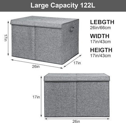 popoly 122L Large Toy Box Chest with Lid, Foldable Toy Storage Organizer Bin Boxes with Removable Divider for Kids, Boys, Girls, Nursery, Playroom, 26"x17" x17"(Linen Gray)