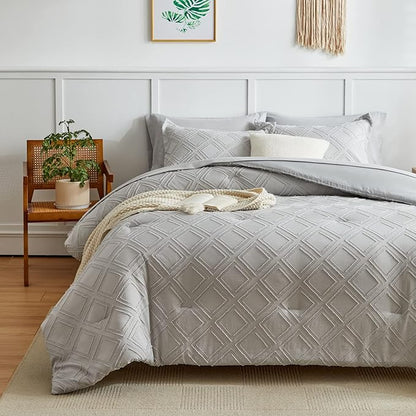 6 Pieces Tufted Bed in a Bag Twin Comforter Set with Sheets Light Grey, Soft and Embroidery Shabby Chic Boho Bohemian Design, Solid Color with Diamond Pattern, Jacquard Tufts Bedding Set for Kids