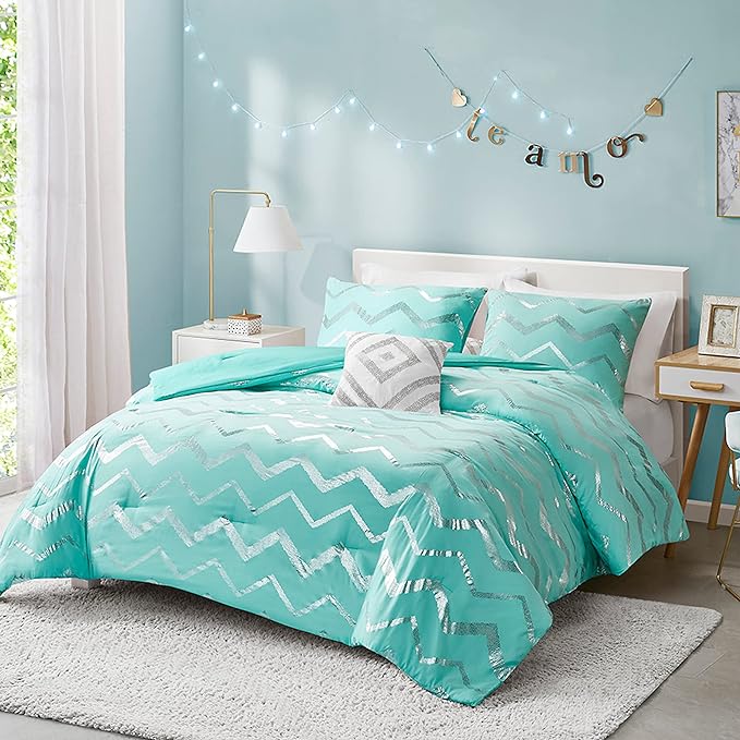 Codi Metallic Teal and Silver Comforter Set, Twin/Twin-XL Size, Cute Aqua Turquoise Bedding Sets, 3 Piece (1 Matching Sham + 1 Decorative Pillow)