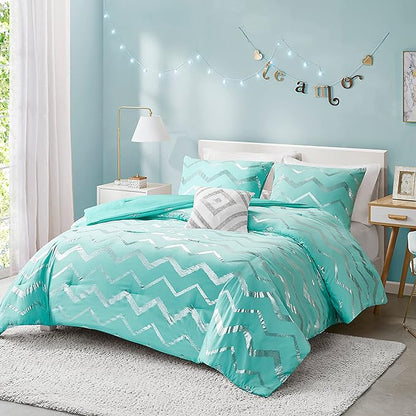 Codi Metallic Teal and Silver Comforter Set, Twin/Twin-XL Size, Cute Aqua Turquoise Bedding Sets, 3 Piece (1 Matching Sham + 1 Decorative Pillow)