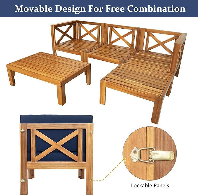 5-Piece Outdoor Patio Furniture Sectional Sets, Wooden L-shaped Corner Sofa Seating with Tea Table and Removable, Backyard Gardern Deck, Natural Finish+ Blue Cushions
