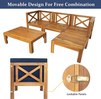 Merax 5 Pieces, Patio Furniture Sets, Solid Wood Sectional Sofa Seating Group with Soft Cushions, for Backyard and Garden, Blue