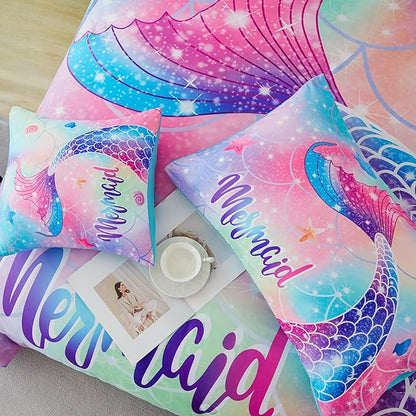 RYNGHIPY Mermaid Queen Girls Bedding Set, Colorful Rainbow Kids Girls Comforter Set with Sheets Soft and Lightweight, 6 Pieces Teen Girls Bed in a Bag
