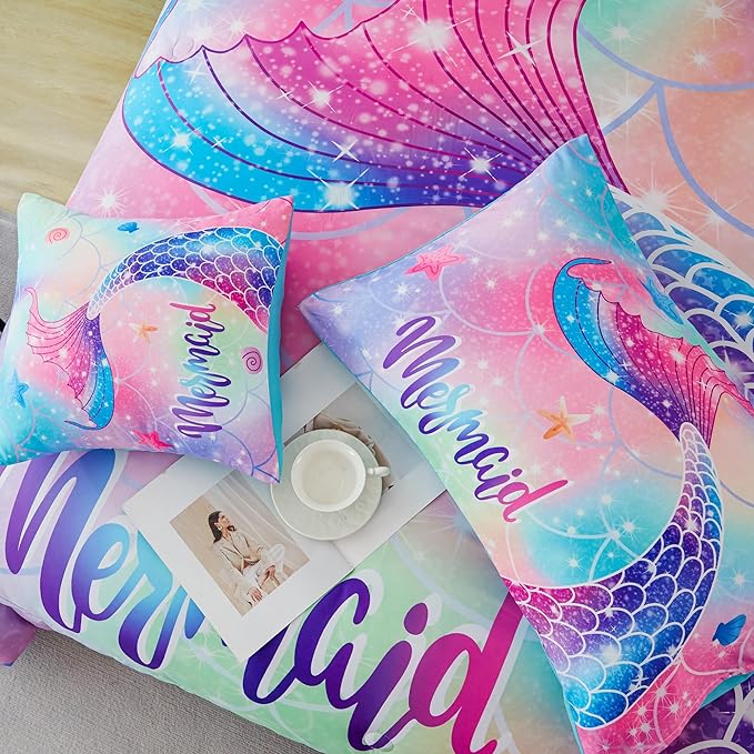 RYNGHIPY Mermaid Full Girls Bedding Set, Colorful Rainbow Kids Girls Comforter Set with Sheets Soft and Lightweight, 6 Pieces Teen Girls Bed in a Bag