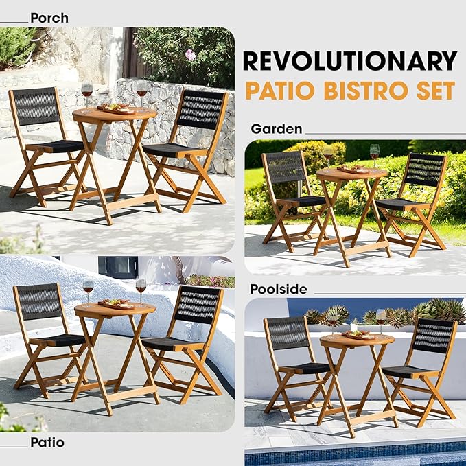 Solid Sauvage Bistro Set with Round Table (Grey), Wood Rope Design - Black