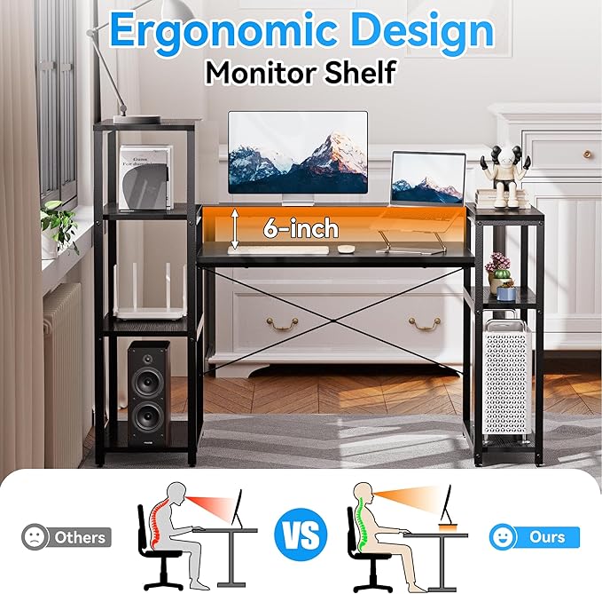 63-Inch Home Office Desk with Storage Shelves, Gaming Computer Desk with Monitor Stand and Printer Shelf for Study, Writing, PC Work