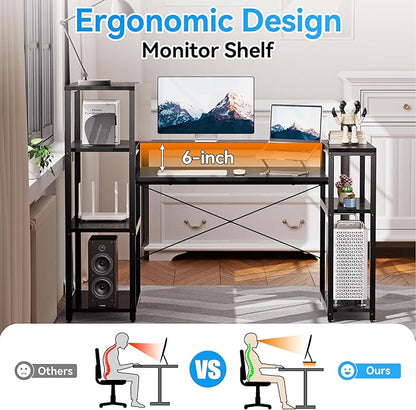 63-Inch Home Office Desk with Storage Shelves, Gaming Computer Desk with Monitor Stand and Printer Shelf for Study, Writing, PC Work