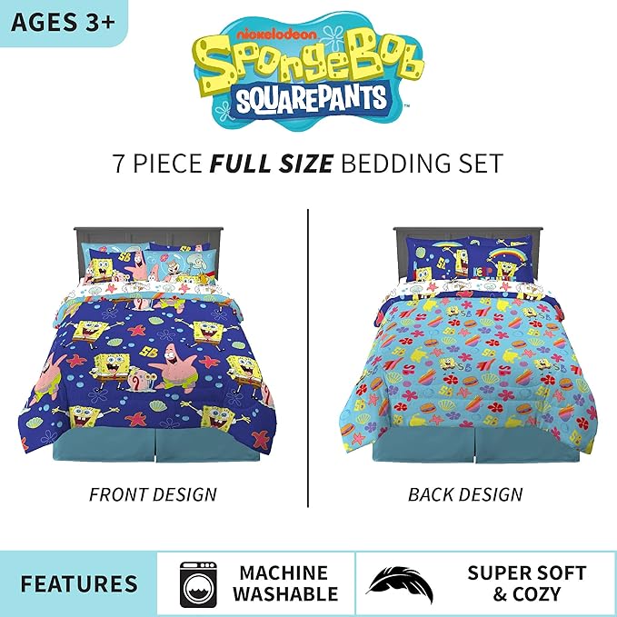 Franco Kids Bedding Super Soft Comforter and Sheet Set with Sham, 7 Piece Full Size, Spongebob Squarepants