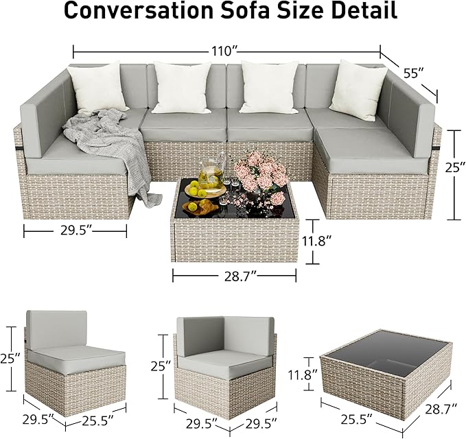 Pamapic 8 Pieces Patio Conversation Sets with fire Pit, Patio Furniture Sectional Sofa with Gas Fire Pit Table(Grey Wicker,Grey Cushions)